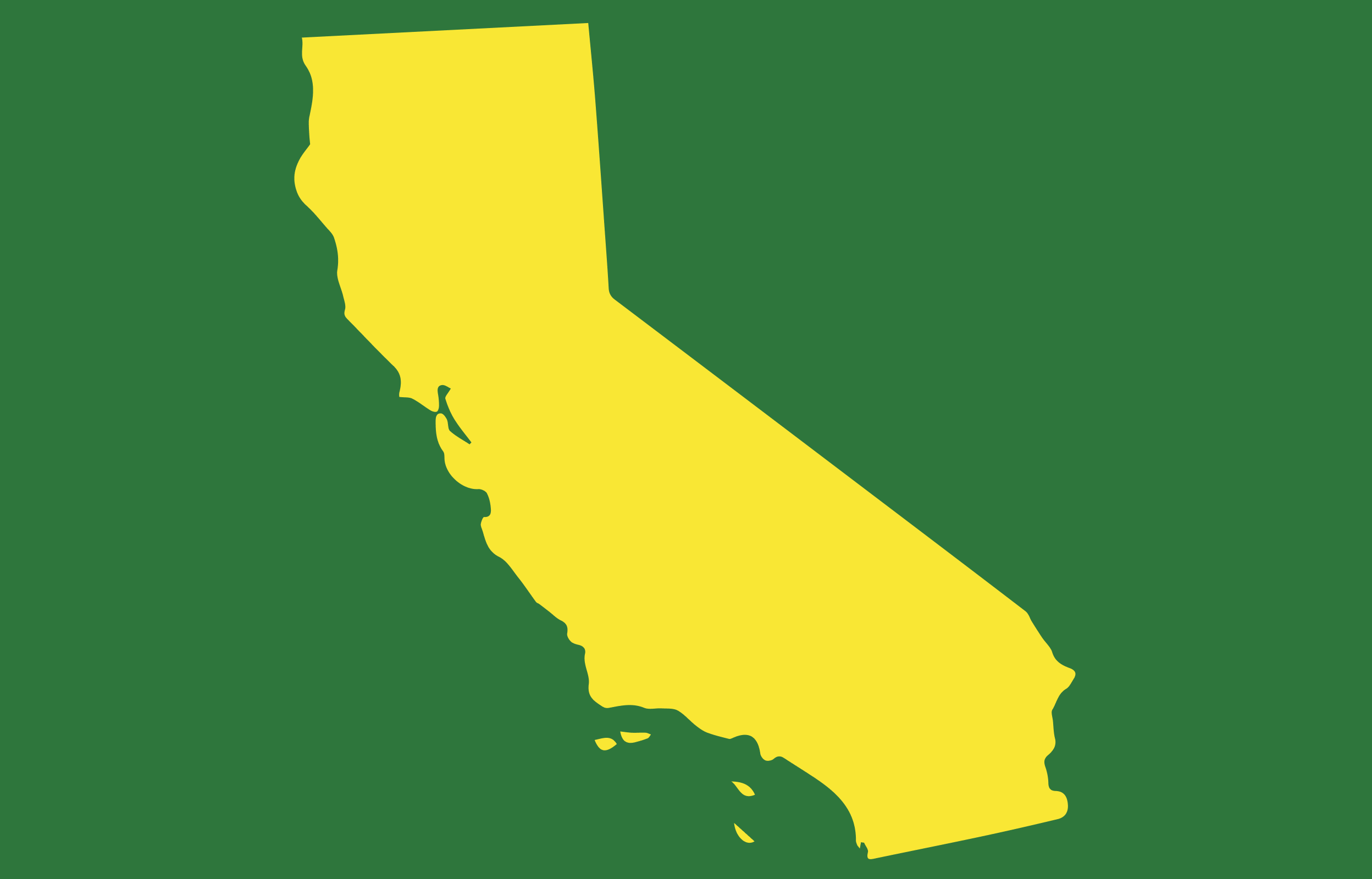 Outline of California in yellow atop a dark green background